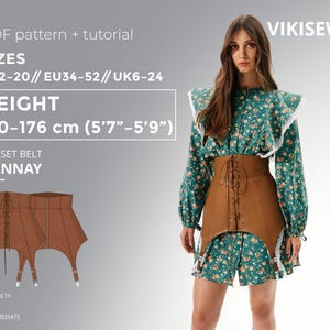 May include: A woman wearing a green floral dress and a brown corset belt. The image includes a pattern for the "DANNAY" corset belt, with sizes US2-20, and a height range of 5'7"-5'9". The difficulty level is intermediate.