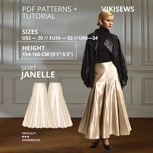 Janelle A-linjekjol Symönster Bundle Godet Kjolmönster Plisserad Midikjol | EU 34–52 Elegant Kjol Digitalt Mönster Höjd 154-184 cm
