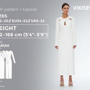 Mariah-jurk 162-168 hoogte Amerikaanse maten 2-20 patroon, strakke jurk met split aan de achterkant, jurk met lange mouwen, naaipatroon met tutorial