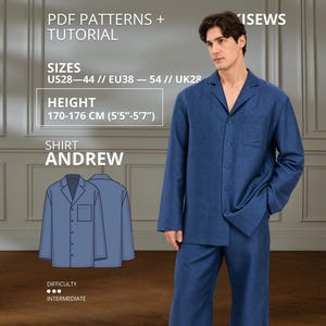 May include: A blue long-sleeve button-down shirt with a notched collar and a chest pocket. The image includes text for PDF patterns and tutorial, sizes US 28-44, height 5'5"-5'7", and the name Andrew. A technical drawing of the shirt is also shown.