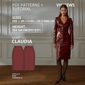 May include: A dark red, glossy, long-sleeved blazer and matching knee-length skirt set. Text includes PDF PATTERNS + TUTORIAL, VIKISEWS, SIZES US2-20, EU34-52, UK6-24, HEIGHT 154-160 CM (5'1"-5'3"), SKIRT CLAUDIA, and DIFFICULTY INTERMEDIATE.