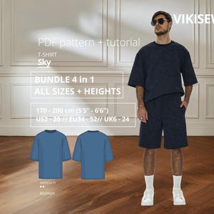 May include: A PDF pattern and tutorial for a T-shirt named Sky, featuring a bundle of 4 in 1 for all sizes and heights from 170 to 200 cm and UK sizes 6 to 24. The image displays a dark blue T-shirt and shorts set with a beginner difficulty level.