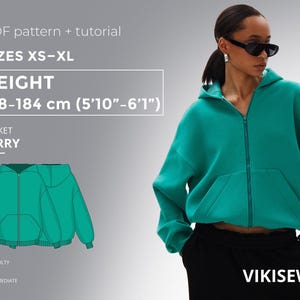 Könnte beinhalten: Ein tealfarbener Kapuzenpullover mit Reißverschluss und Vordertasche, getragen von einer Person. Das Bild enthält eine Musterskizze und Text mit den Größen XS-XL, der Größe 178-184 cm (5'10"-6'1") und dem Namen "JERRY". Der Schwierigkeitsgrad ist mittel.
