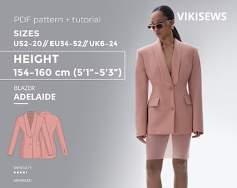 Blazer Sewing Pattern Pdf with Tutorial Adelaide | Blazer Jacket for 154-160 cm, EU 34-52, US 2-20, UK 2-64, | Women Suit Jacket Sewing