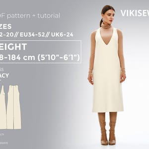 Slip Dress Sewing PDF Tutorial Stacy 178-184 height US2-20, Easy V-Neck Flared Dress for Beginners, PDF Sewing Pattern for Women