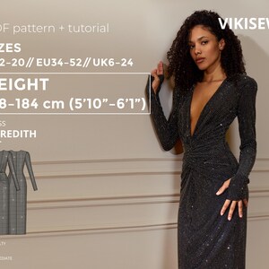 Meredith Dress pdf Sewing Pattern EU 34-52 UK 6-24 US 2-20| Dress Sewing Pattern Ruched Knit Dress with V-Neck Thumbhole Sleeves 178-184 cm