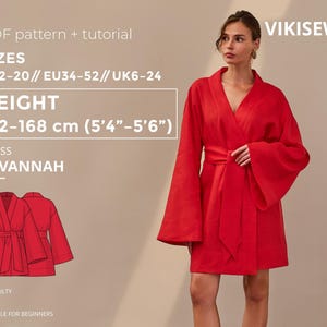 Savannah Wrap Dress Sewing Pattern | Loose-Fit Mini Dress PDF Linen Belted Dress Wide Sleeve Dress Pattern Instant Download Height 162-168cm