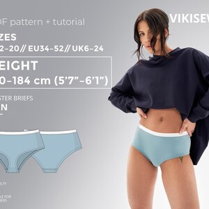May include: A light blue hipster briefs pattern with a white trim, suitable for beginners. The image includes the text "PDF pattern + tutorial", sizes US2-20, EU34-52, UK6-24, and height 170-184 cm (5'7"-6'1").