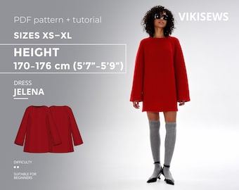May include: A woman wearing a red, long-sleeved dress. The dress is paired with gray over-the-knee socks and black shoes. The image includes text indicating the dress pattern is available in sizes XS-XL and is suitable for beginners. The height range is 5'7"-5'9".