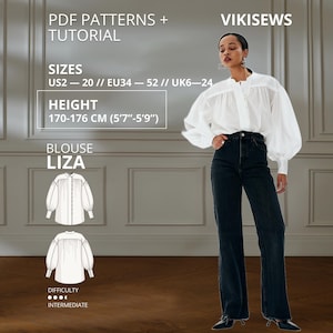 Puede incluir: Una blusa blanca de manga larga con botones frontales y mangas voluminosas, combinada con jeans negros. El texto incluye PDF PATTERNS + TUTORIAL, VIKISEWS, SIZES US2-20, EU34-52, UK6-24, HEIGHT 170-176 CM, BLOUSE LIZA, DIFFICULTY INTERMEDIATE.