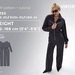 May include: A dark gray jumpsuit with a zipper closure, long sleeves, and wide legs. The image includes a PDF pattern and tutorial for the "BAILEY" jumpsuit, with sizes US2-20, EU34-52, UK6-24, and a height range of 5'4"-5'6". The difficulty level is intermediate.