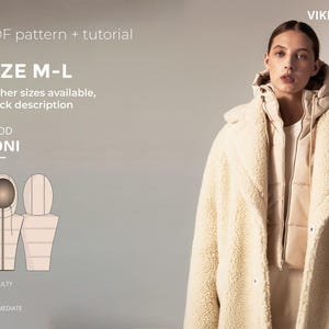 May include: A woman wearing a cream-colored, textured coat with a hood and a light beige vest. The image includes a diagram of a hooded garment and text that reads "PDF pattern + tutorial", "SIZE M-L", and "HOOD RONI". The difficulty level is listed as "INTERMEDIATE".