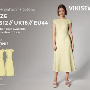 Puede incluir: Una mujer con un vestido amarillo claro con estampado floral. La imagen incluye un patrón y tutorial para el vestido "LEONIE", talla EU44, UK16, US12. El nivel de dificultad es intermedio.