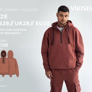 May include: A rust-coloured hoodie and matching cargo trousers are modelled. The hoodie has a half-zip closure and a hood. Text on the left indicates the pattern is a PDF with a tutorial, size US28, UK28, EU38, and the name JACOB. The difficulty level is intermediate.
