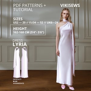 Lyria Dress Sewing Pattern PDF One Shoulder Dress Asymmetric Bias Cut Dress Elegant Evening Dress Pattern Height 162-168 cm EU 34–52 Vikisew