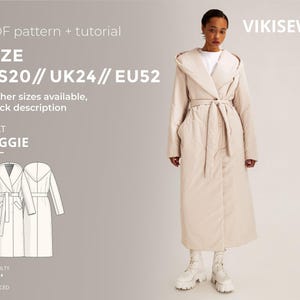 May include: A long, beige coat with a hood and tie belt is shown. The coat is part of a PDF pattern and tutorial, labeled "COAT REGGIE" with size UK24. The difficulty level is marked as advanced.