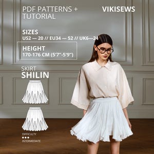 May include: A PDF sewing pattern and tutorial for the Shilin skirt by Vikisews. The pattern includes sizes US 2-20, EU 34-52, and UK 6-24 for heights 170-176 cm (5'7"-5'9"). The design features a flared skirt with a pleated hemline.