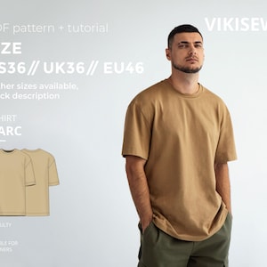 Peut inclure: Un t-shirt beige à manches courtes, faisant partie d'un patron PDF et d'un tutoriel. L'image comprend le texte "SIZE US36 // UK36 // EU46" et "T-SHIRT MARC". Le niveau de difficulté est adapté aux débutants. La marque "VIKISEWS" est également visible.