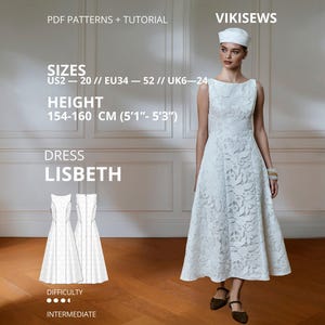 Lisbeth Dress Sewing Pattern PDF Elegant Midi Dress Boat Neck Fit and Flare Dress Princess Seam Dress EU 34–52 Height 154-160cm