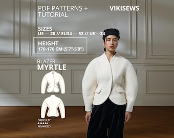 Pode incluir: Um molde de costura em PDF para o blazer Myrtle da Vikisews. O molde inclui tamanhos US 20, EU 34-52 e UK 24, para alturas de 170-176 cm. O blazer é branco com mangas compridas, decote sem gola e dois bolsos frontais.