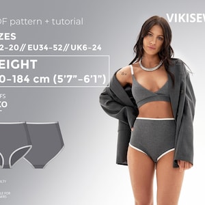 May include: A woman models a grey bra and high-waisted briefs with white trim. The image includes text: "PDF pattern + tutorial", "SIZES UK6-24", "HEIGHT 170-184 cm (5'7"-6'1")", and "BRIEFS RIKO". The difficulty level is suitable for beginners.