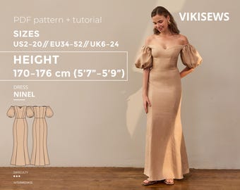 Patrón de costura del vestido Ninel (PDF) Tallas UE 34-52 Tallas Reino Unido 6-24 Tallas EE. UU. 2-20/ Patrón de costura del vestido Mangas abullonadas Patrón de vestido con ganchos y ojales Altura del vestido 170-176 cm