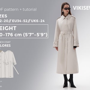 Trench Coat PDF sewing pattern with tutorial - Dolores, size EU34-EU52 for 170-176 cm height