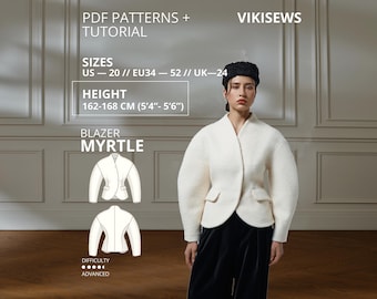 Pode incluir: Um molde de costura em PDF e tutorial para o blazer Myrtle da Vikisews. O blazer é branco-sujo com mangas compridas e uma bainha curva. O texto inclui PDF PATTERNS + TUTORIAL, VIKISEWS, SIZES US 20, EU 34-52, UK 24, HEIGHT 162-168 CM.