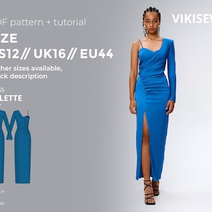 May include: A vibrant blue, one-shoulder dress with a high slit, displayed on a model. The dress features a draped design and is paired with black heels. The image also includes a pattern description with the text "COLETTE" and size information.