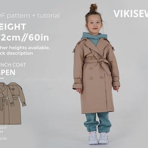 Aspen Girls Trench Coat Sewing Pattern with Tutorial (Height 60 in/152 cm) (PDF Pattern)
