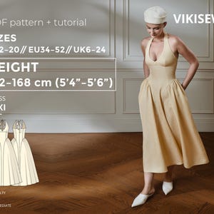 Molde de costura em PDF para vestido Lexi, tamanhos EU 34-52, UK 6-24, US 2-20 | Vestido frente única com costas abertas e saia franzida, altura 162-168 cm