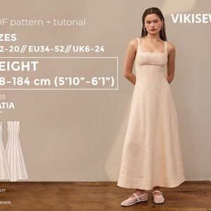 Matia dress pdf sewing pattern eu 34-52 uk 6-24 us 2-20| dress sewing pattern semi-fitted dress sewing pattern flared skirt height 178-184cm