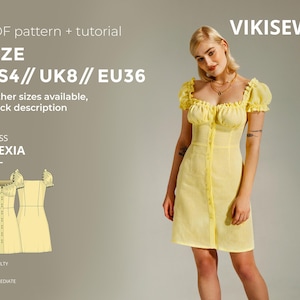 May include: A yellow dress with a button-down front and puff sleeves. The dress is labeled "ALEXIA" and is available in US size 4, UK size 8, and EU size 36. The image also includes the text "PDF pattern + tutorial" and "VIKISEWS".