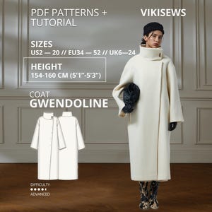 Peut inclure: Un patron de couture PDF et tutoriel pour le manteau Gwendoline de Vikisews. Le patron inclut les tailles US 2-20, EU 34-52 et UK 6-24, pour des hauteurs de 154-160 cm. Il présente un long manteau blanc cassé avec un col haut et une fermeture boutonnée.