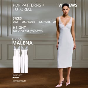 Malena Dress pdf Sewing Pattern EU 34-52 US 2-20 Fitted Midi Dress Pattern Lace Cup Evening Dress Princess Seam Dress Height 162-168 cm