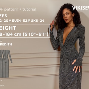 Meredith Dress pdf Sewing Pattern EU 34-52 UK 6-24 US 2-20| Dress Sewing Pattern Ruched Knit Dress with V-Neck Thumbhole Sleeves 178-184 cm