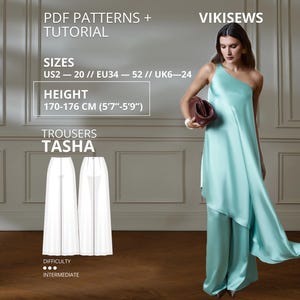 May include: A light blue one-shoulder satin top and matching wide-leg trousers. Text includes PDF PATTERNS + TUTORIAL, VIKISEWS, SIZES US2-20, EU34-52, UK6-24, HEIGHT 170-176 CM (5'7"-5'9"), TROUSERS TASHA, and DIFFICULTY INTERMEDIATE.