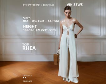 May include: A floor-length, off-white Rhea top with thin spaghetti straps and a front slit. Text includes: PDF PATTERNS + TUTORIAL, VIKISEWS, SIZES US2-20, EU34-52, UK6-24, HEIGHT 162-168 CM (5'4"-5'6"), TOP RHEA, DIFFICULTY BEGINNER.