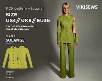 Solange classic blazer sewing pattern with tutorial size US 4 UK 8 EU 36