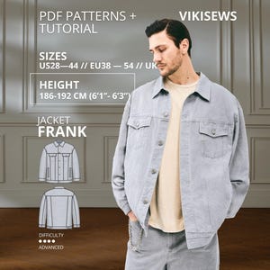 Może przedstawiać: Jasnoszara kurtka dżinsowa z kołnierzem, zapięciem na guziki i dwiema kieszeniami na piersi. Tekst zawiera PDF PATTERNS + TUTORIAL, VIKISEWS, SIZES US28-44, HEIGHT 186-192 CM, JACKET FRANK oraz DIFFICULTY ADVANCED z czterema kropkami.