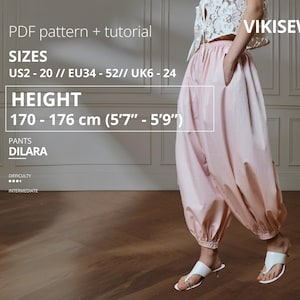 May include: Light pink pants with pockets, part of a PDF pattern and tutorial. The pants are labeled "DILARA" and are designed for individuals between 5'7" and 5'9" tall. The pattern difficulty is intermediate.
