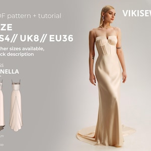 May include: A cream-colored dress with a fitted bodice and spaghetti straps. The dress has a long, flowing skirt and a train. The image also includes a PDF pattern and tutorial, with the text "SIZE US4 // UK8 // EU36" and "DRESS ORNELLA".