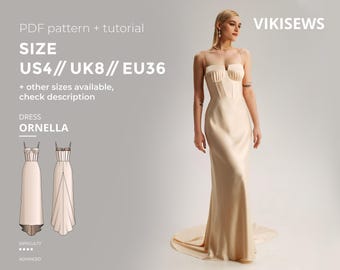 May include: A cream-colored dress with a fitted bodice and spaghetti straps. The dress has a long, flowing skirt and a train. The image also includes a PDF pattern and tutorial, with the text "SIZE US4 // UK8 // EU36" and "DRESS ORNELLA".