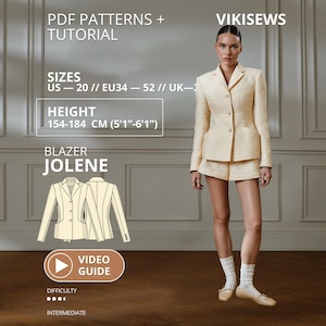 May include: A light yellow textured blazer and matching shorts set, featuring a notched lapel, three front buttons, and two flap pockets. The image includes text: PDF PATTERNS + TUTORIAL, VIKISEWS, SIZES US 20, EU 34-52, UK, HEIGHT 154-184 CM (5'1"-6'1"), BLAZER JOLENE, VIDEO GUIDE, DIFFICULTY, INTERMEDIATE.
