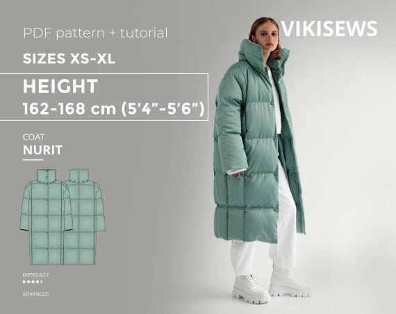 Puffer Jacket Sewing Pattern Instant Download, Digital Patterns Quilted Jacket Fashion Handmade Clothing Height 162-168 cm