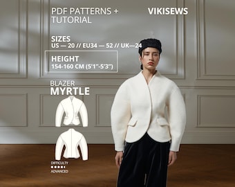 Pode incluir: Um blazer branco texturizado com mangas compridas e decote em V, combinado com calças pretas. A imagem inclui o texto: PDF PATTERNS + TUTORIAL, VIKISEWS, SIZES US 20, EU 34-52, UK 24, HEIGHT 154-160 CM, BLAZER MYRTLE.