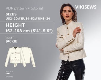 Molde de costura em PDF para jaqueta Jackie com tutorial, tamanhos EU34-EU52 para pessoas de 162 a 168 cm de altura.