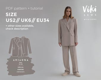 Ariadna blazer jacket in masculine style sewing pattern with tutorial size US 2 UK 6 EU 34