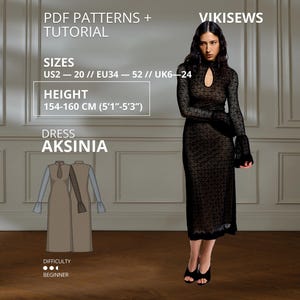 May include: A black long-sleeved midi dress with a keyhole neckline and flared cuffs. The pattern is labeled Aksinia by Vikisews, including PDF patterns and tutorials for sizes US 2-20 and heights 5'1"-5'3". The difficulty level is beginner.