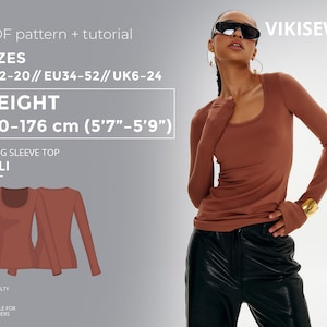 May include: A rust-coloured long-sleeved top with a scoop neck, modelled with black trousers and sunglasses. The image includes a pattern and tutorial for the LALI top, with sizes US2-20, EU34-52, UK6-24, and a height range of 170-176 cm (5'7"-5'9").